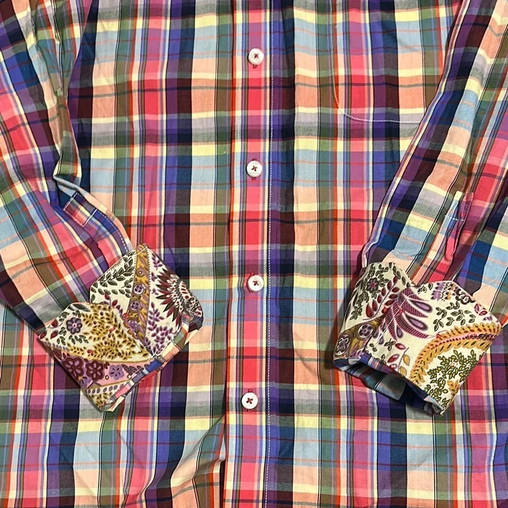 Alan Flusser Mens M Plaid Long Sleeve Flip Cuff Button Down Shirt Paisley